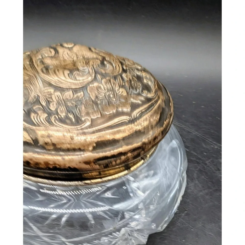 Antique Cut Glass Vanity Jar with Ornate Repousse Floral Metal Lid Starburst